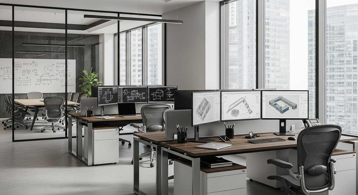 Interior of a quiet professional engineering consultancy office with dual monitors showing structural analysis software, a bookshelf of standards, and a city skyline through a window.