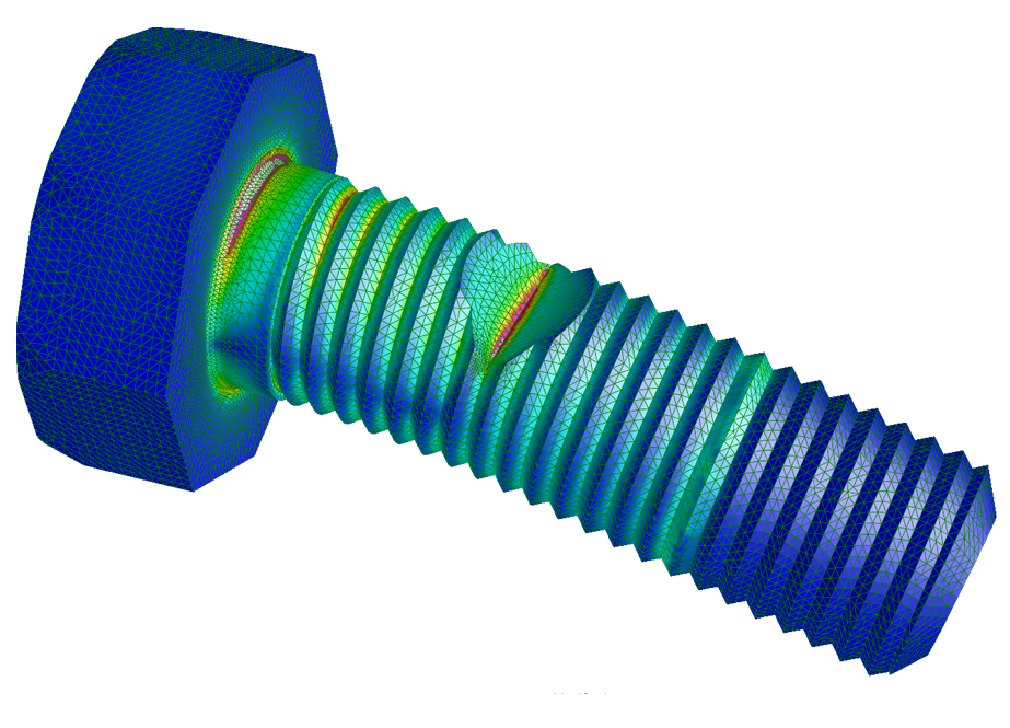 A 3D finite element analysis (FEA) model of a bolt, displaying stress distribution through a color-coded triangular mesh.