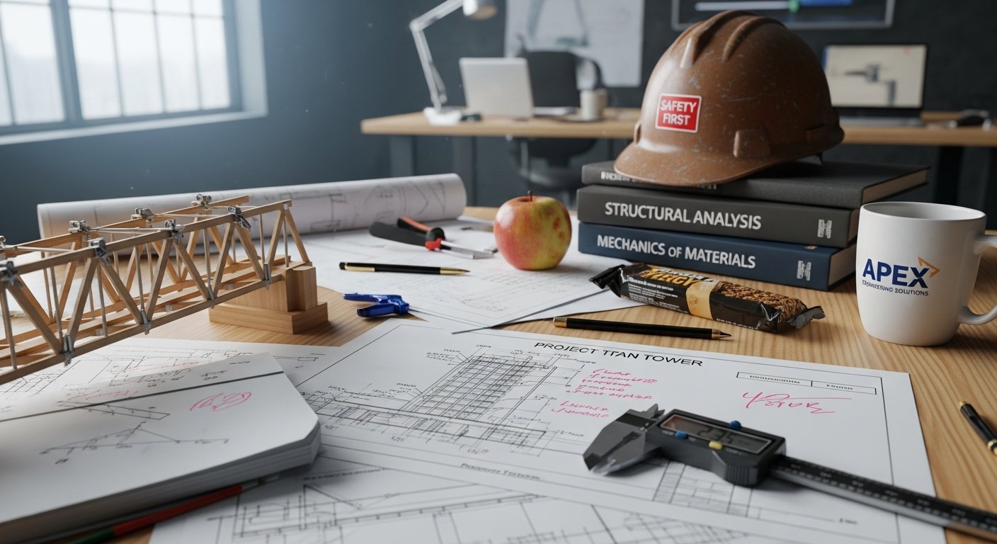 A structural engineer's desk with a hard-hat, open calculation report, technical drawings and a finite element analysis mesh on a laptop screen.